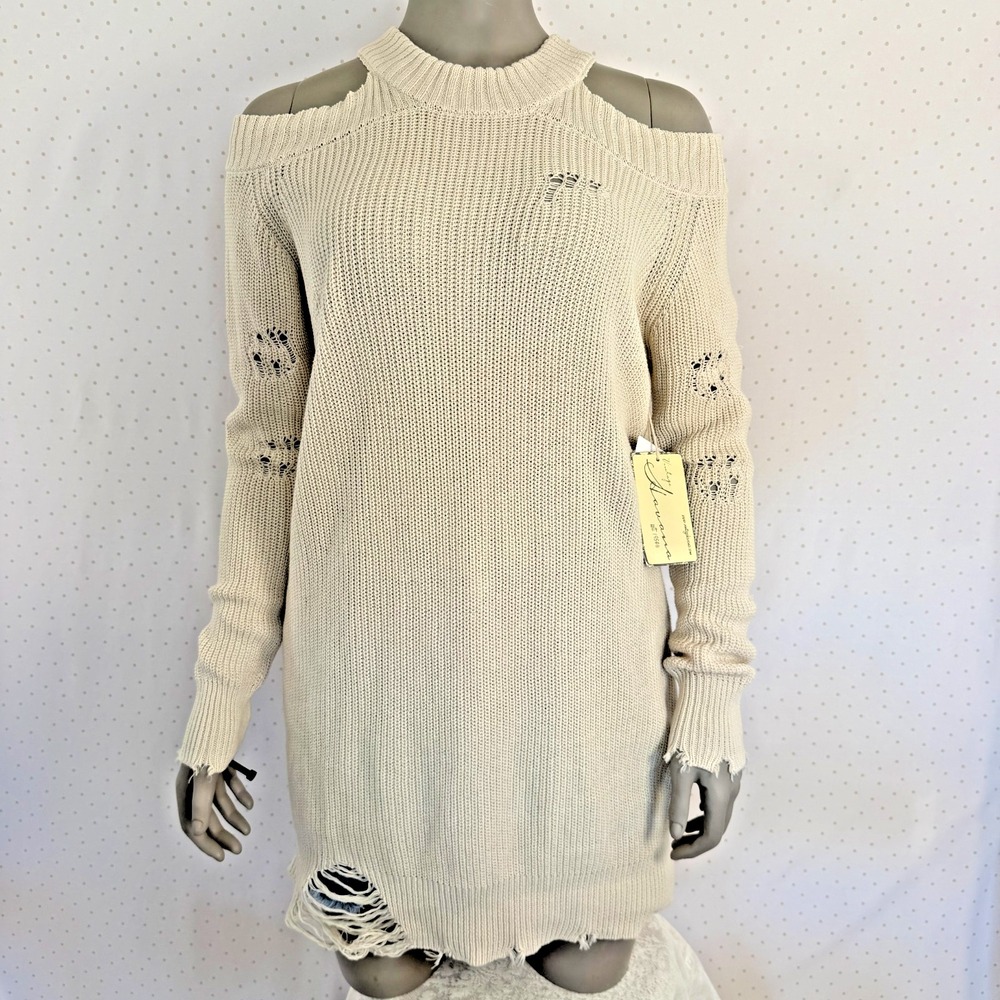 NWT Vintage Havana Distressed Sweater Oversized Women's Sz M Grunge Cream